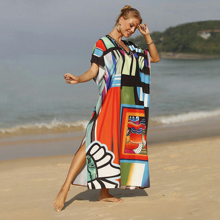 Women Bathing Suit Cover Up Print Kaftan Beach Maxi Dresses