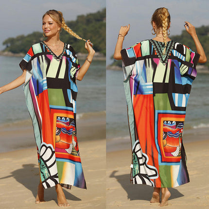 Women Bathing Suit Cover Up Print Kaftan Beach Maxi Dresses