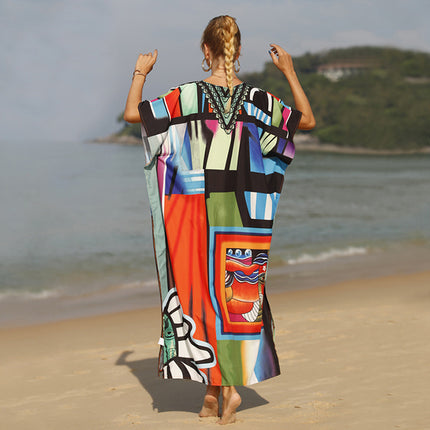 Women Bathing Suit Cover Up Print Kaftan Beach Maxi Dresses