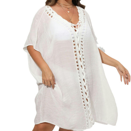 Womens Crochet Bathing Suit Coverups Bikini Chiffon Dress V Neck Beach Covers Dress