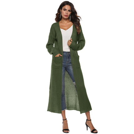 Women's Solid Open Front Maxi Long Knitted Cardigan Sweater with Pockets