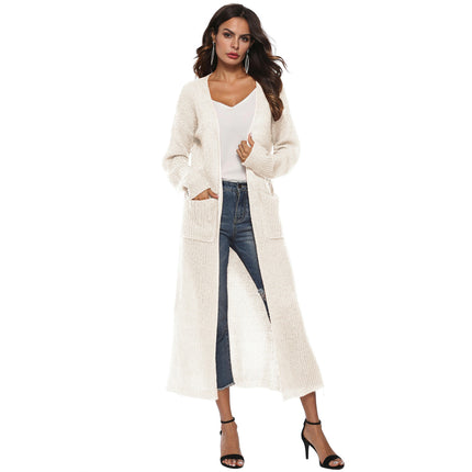 Women's Solid Open Front Maxi Long Knitted Cardigan Sweater with Pockets