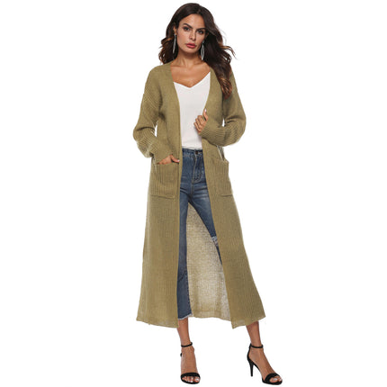 Women's Solid Open Front Maxi Long Knitted Cardigan Sweater with Pockets