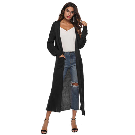 Women's Solid Open Front Maxi Long Knitted Cardigan Sweater with Pockets