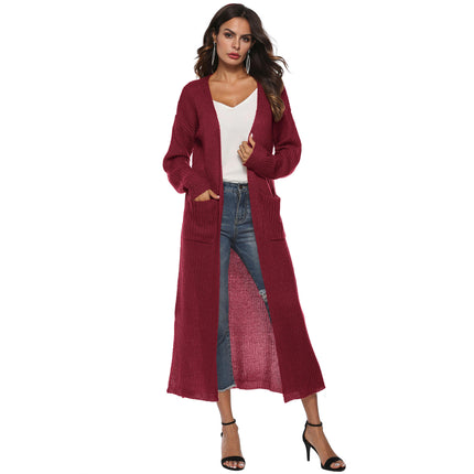 Women's Solid Open Front Maxi Long Knitted Cardigan Sweater with Pockets