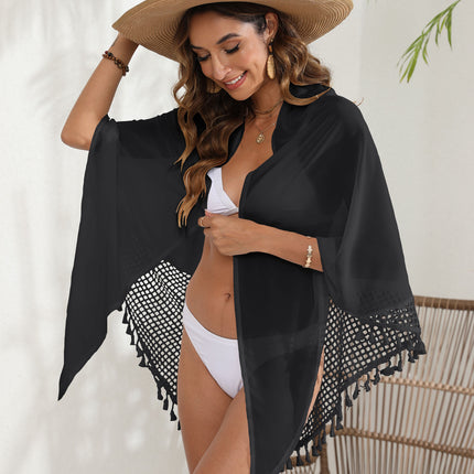 Women's Tassel Hem Chiffon Mesh Swimwear Wrap Cover Up Skirt