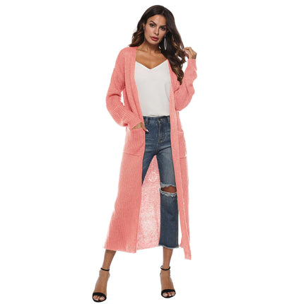 Women's Solid Open Front Maxi Long Knitted Cardigan Sweater with Pockets