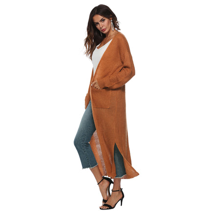 Women's Solid Open Front Maxi Long Knitted Cardigan Sweater with Pockets