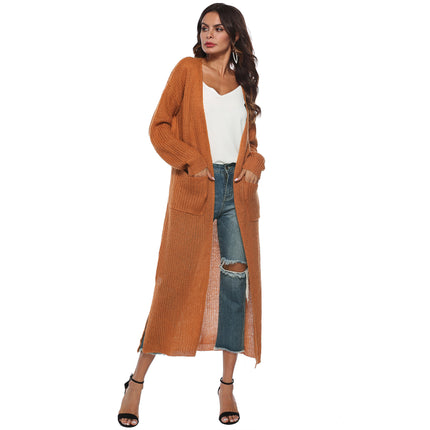 Women's Solid Open Front Maxi Long Knitted Cardigan Sweater with Pockets