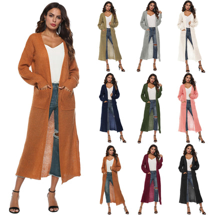 Women's Solid Open Front Maxi Long Knitted Cardigan Sweater with Pockets