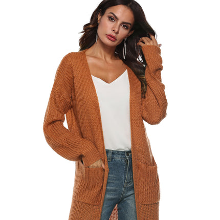 Women's Solid Open Front Maxi Long Knitted Cardigan Sweater with Pockets