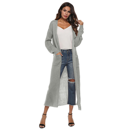 Women's Solid Open Front Maxi Long Knitted Cardigan Sweater with Pockets