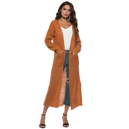 Women's Solid Open Front Maxi Long Knitted Cardigan Sweater with Pockets