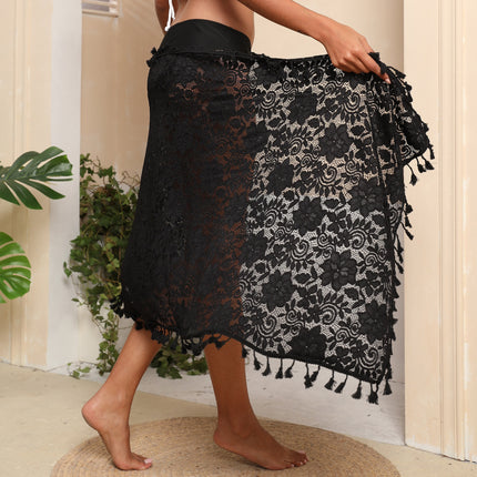 Women's Tassel Hem Lace Asymmetrical Swimwear Wrap Cover Up Skirt