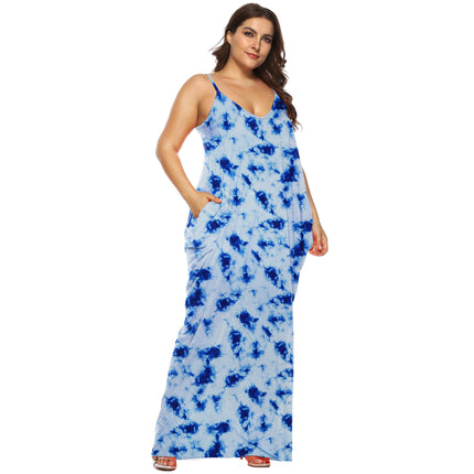 Women Summer Casual Bohemian Maxi Dress V-Neck Sleeveless Beach Long Dress with Pockets