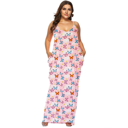 Women Summer Casual Bohemian Maxi Dress V-Neck Sleeveless Beach Long Dress with Pockets