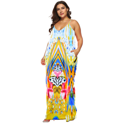 Women Summer Casual Bohemian Maxi Dress V-Neck Sleeveless Beach Long Dress with Pockets