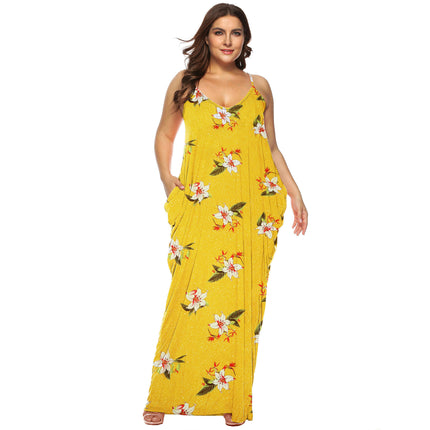 Women Summer Casual Bohemian Maxi Dress V-Neck Sleeveless Beach Long Dress with Pockets