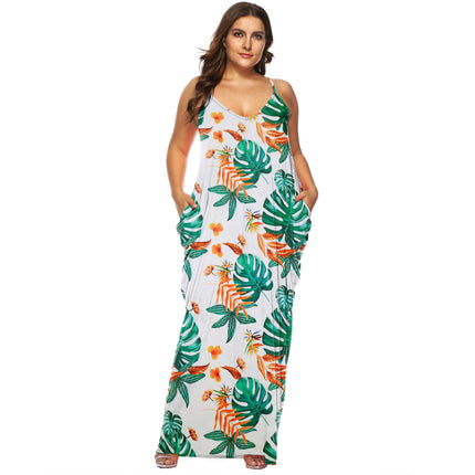 Women Summer Casual Bohemian Maxi Dress V-Neck Sleeveless Beach Long Dress with Pockets