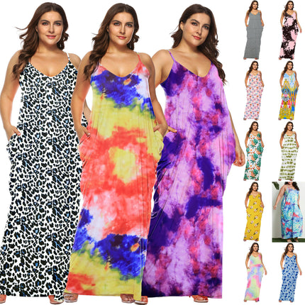 Women Summer Casual Bohemian Maxi Dress V-Neck Sleeveless Beach Long Dress with Pockets