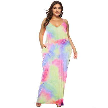 Women Summer Casual Bohemian Maxi Dress V-Neck Sleeveless Beach Long Dress with Pockets