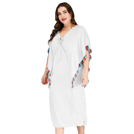 Womens Plus Size Tassel Swimsuit Beach Cover Up Loose V-Neck Summer Dress