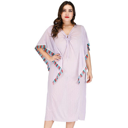 Womens Plus Size Tassel Swimsuit Beach Cover Up Loose V-Neck Summer Dress