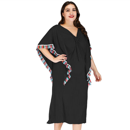 Womens Plus Size Tassel Swimsuit Beach Cover Up Loose V-Neck Summer Dress