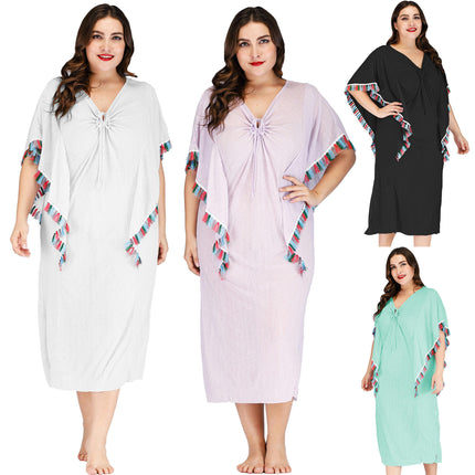 Womens Plus Size Tassel Swimsuit Beach Cover Up Loose V-Neck Summer Dress