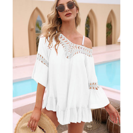 Women's Crochet Swimsuit Cover Ups Dress V Neck Casual Ruffles Mini Dress