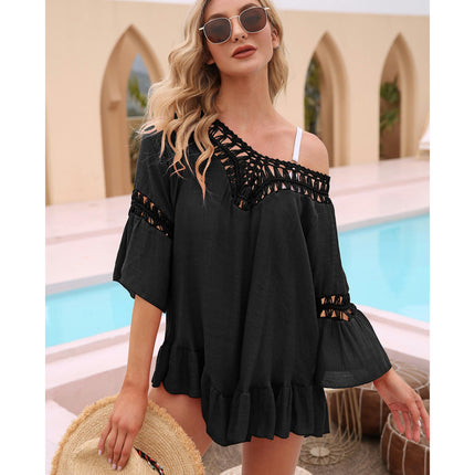 Women's Crochet Swimsuit Cover Ups Dress V Neck Casual Ruffles Mini Dress