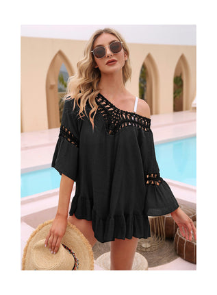 Women's Crochet Swimsuit Cover Ups Dress V Neck Casual Ruffles Mini Dress