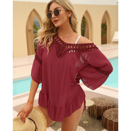 Women's Crochet Swimsuit Cover Ups Dress V Neck Casual Ruffles Mini Dress