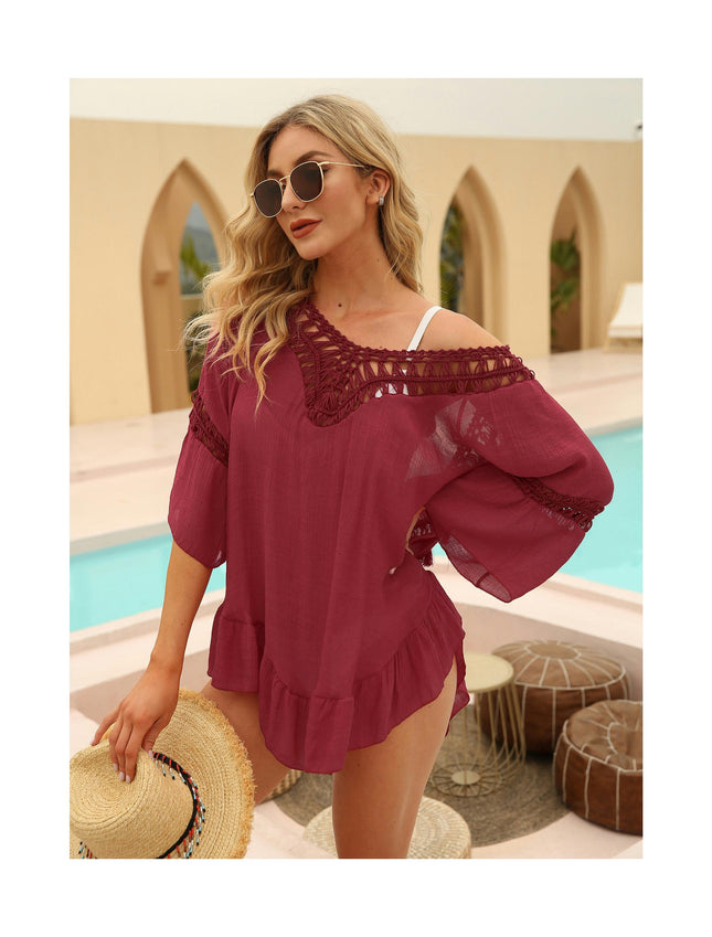 Women's Crochet Swimsuit Cover Ups Dress V Neck Casual Ruffles Mini Dress