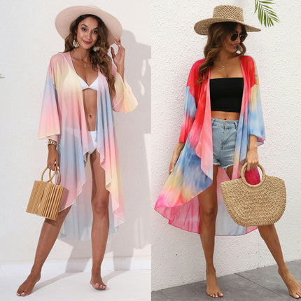 Women Print Open Front Cardigan Loose Beach Cover Up Dress