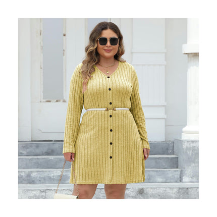 Women's Plus Size Long Sleeve V Neck Tunic Dress Button Front Knit Sweater Slim Fit Dress