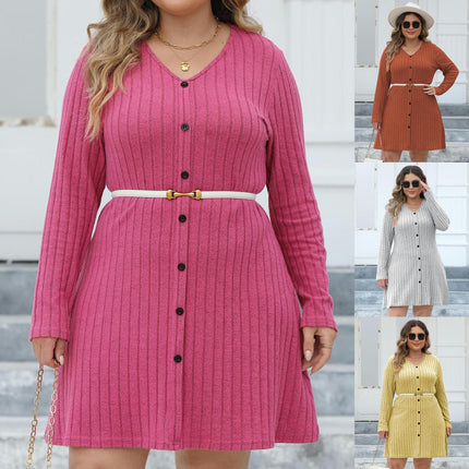 Women's Plus Size Long Sleeve V Neck Tunic Dress Button Front Knit Sweater Slim Fit Dress