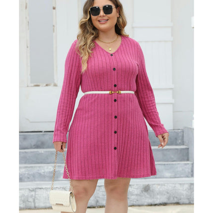 Women's Plus Size Long Sleeve V Neck Tunic Dress Button Front Knit Sweater Slim Fit Dress