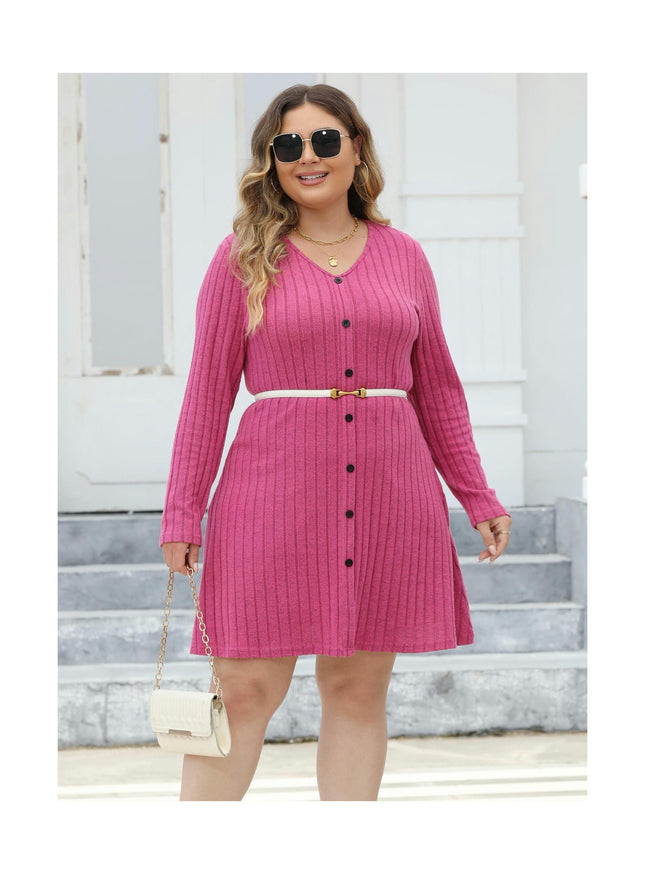 Women's Plus Size Long Sleeve V Neck Tunic Dress Button Front Knit Sweater Slim Fit Dress