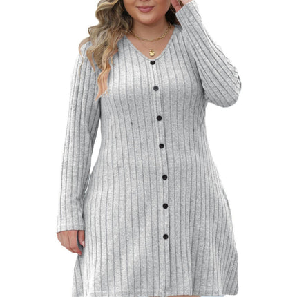 Women's Plus Size Long Sleeve V Neck Tunic Dress Button Front Knit Sweater Slim Fit Dress