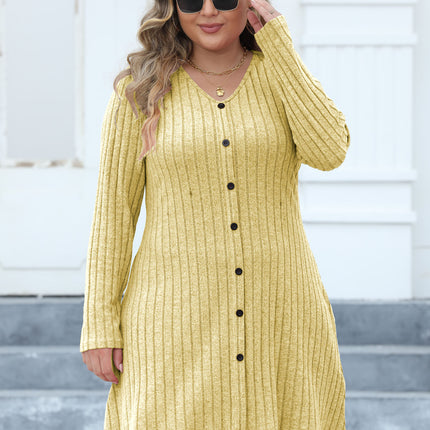 Women's Plus Size Long Sleeve V Neck Tunic Dress Button Front Knit Sweater Slim Fit Dress