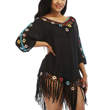 Women's Tassel Knit Swim Cover Up Beach Mini Dress Crochet Beach Dress