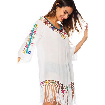 Women's Tassel Knit Swim Cover Up Beach Mini Dress Crochet Beach Dress