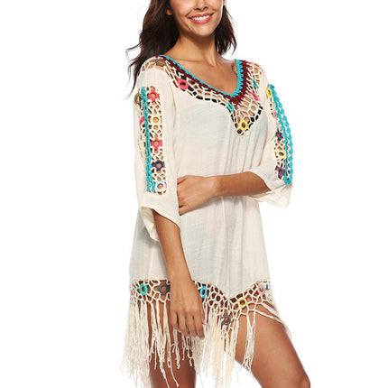 Women's Tassel Knit Swim Cover Up Beach Mini Dress Crochet Beach Dress