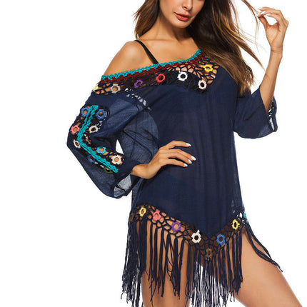 Women's Tassel Knit Swim Cover Up Beach Mini Dress Crochet Beach Dress