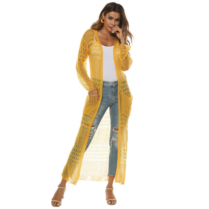 Womens Lightweight Longer Length Cardigan Long Sleeve Beach Crochet Cover Up with Pockets