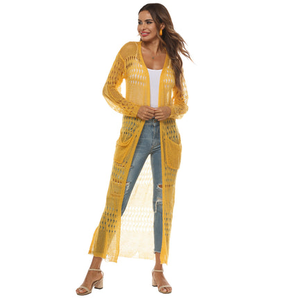 Womens Lightweight Longer Length Cardigan Long Sleeve Beach Crochet Cover Up with Pockets