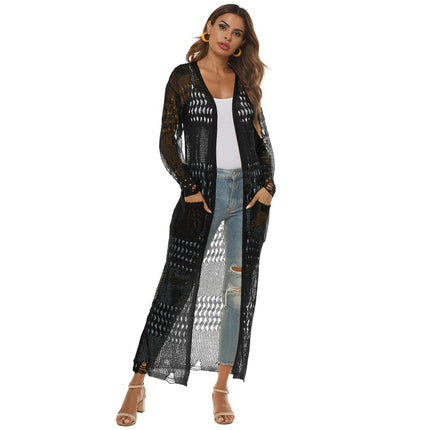 Womens Lightweight Longer Length Cardigan Long Sleeve Beach Crochet Cover Up with Pockets