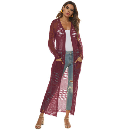 Womens Lightweight Longer Length Cardigan Long Sleeve Beach Crochet Cover Up with Pockets