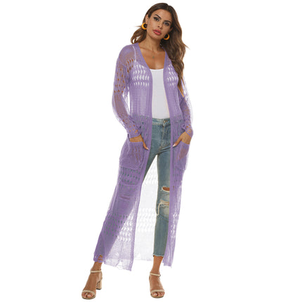 Womens Lightweight Longer Length Cardigan Long Sleeve Beach Crochet Cover Up with Pockets